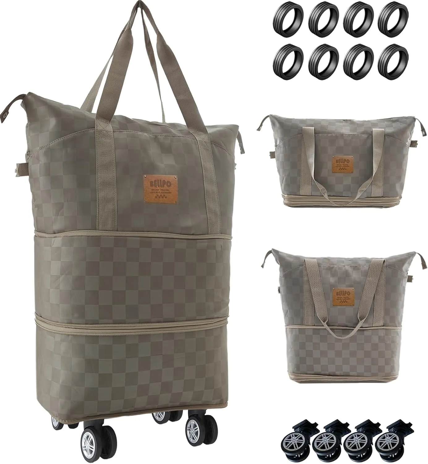 Rolling Duffle Bag with Wheels, 28-58L Expandable Foldable Travel Duffel Bag, Lightweight Carry-On Luggage for Gym, Camping, Weekend Trips, Business Travel, Duffel Bag for Women & Men(Khaki)