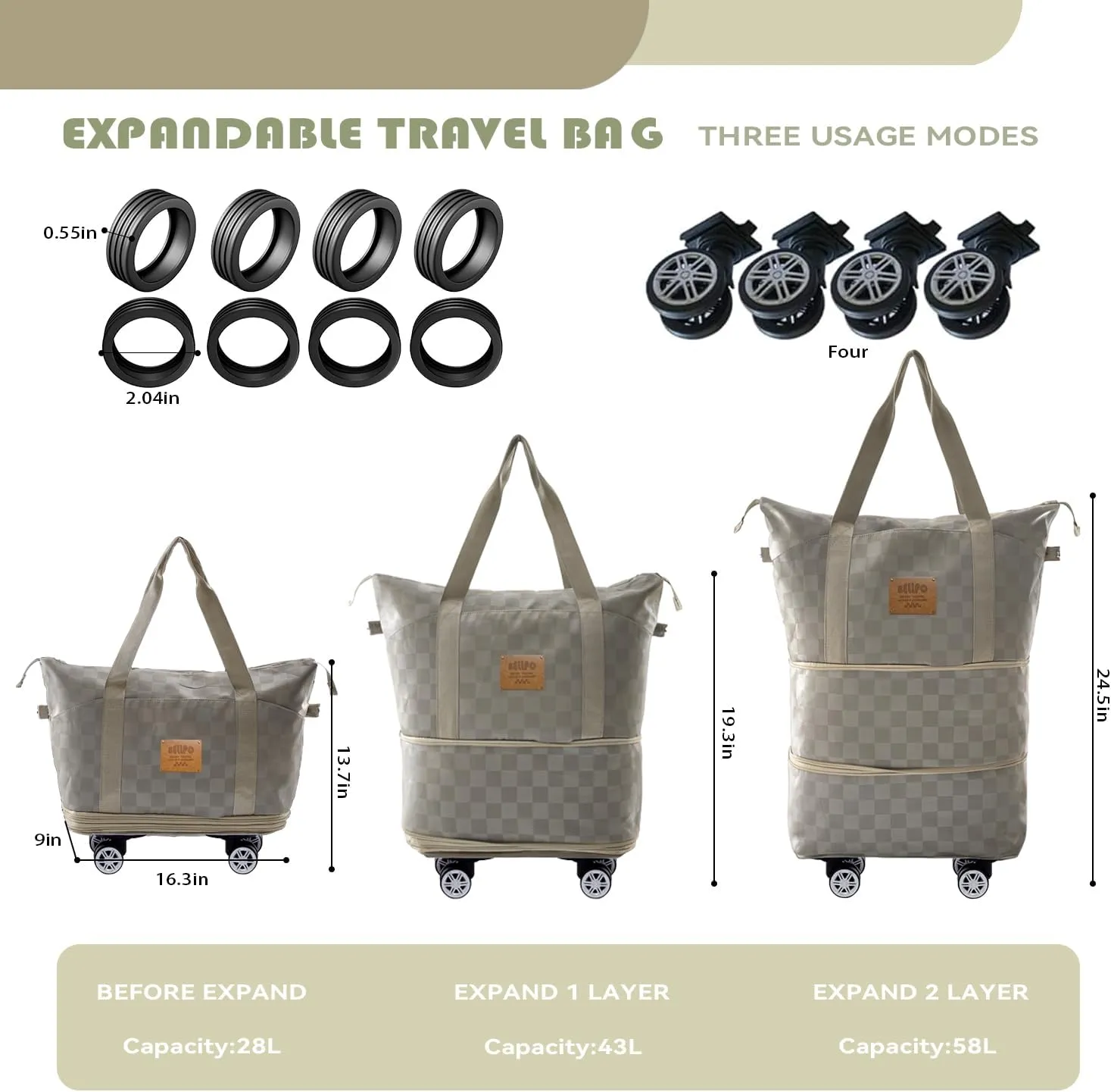 Rolling Duffle Bag with Wheels, 28-58L Expandable Foldable Travel Duffel Bag, Lightweight Carry-On Luggage for Gym, Camping, Weekend Trips, Business Travel, Duffel Bag for Women & Men(Khaki)