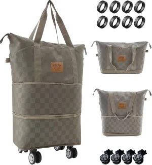 Rolling Duffle Bag with Wheels, 28-58L Expandable Foldable Travel Duffel Bag, Lightweight Carry-On Luggage for Gym, Camping, Weekend Trips, Business Travel, Duffel Bag for Women & Men(Khaki)