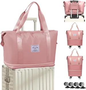 Rolling Duffle Bag with Wheels, 3-Layer Expandable Travel Bag, Foldable Carry-on with Detachable Wheels for Men and Women (Pink)