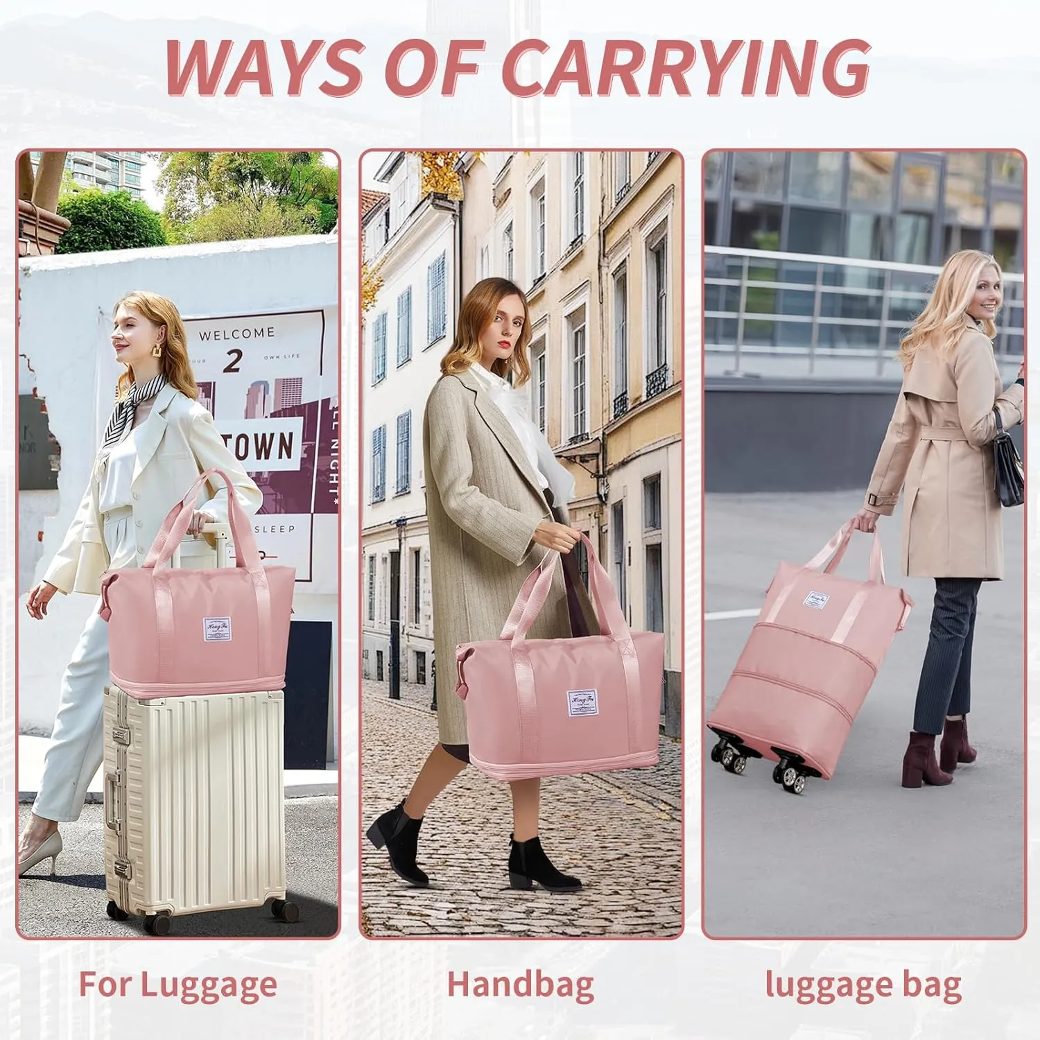 Rolling Duffle Bag with Wheels, 3-Layer Expandable Travel Bag, Foldable Carry-on with Detachable Wheels for Men and Women (Pink)
