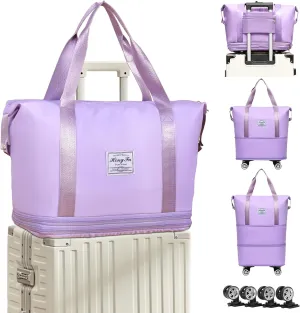 Rolling Duffle Bag with Wheels, 3-Layer Expandable Travel Bag, Foldable Carry-On with Detachable Wheels for Men and Women