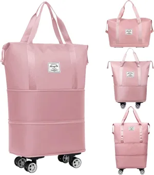 Rolling Duffle Bag with Wheels and Handle - Expandable, Foldable Travel Luggage - Large Weekend Bag (Pink)