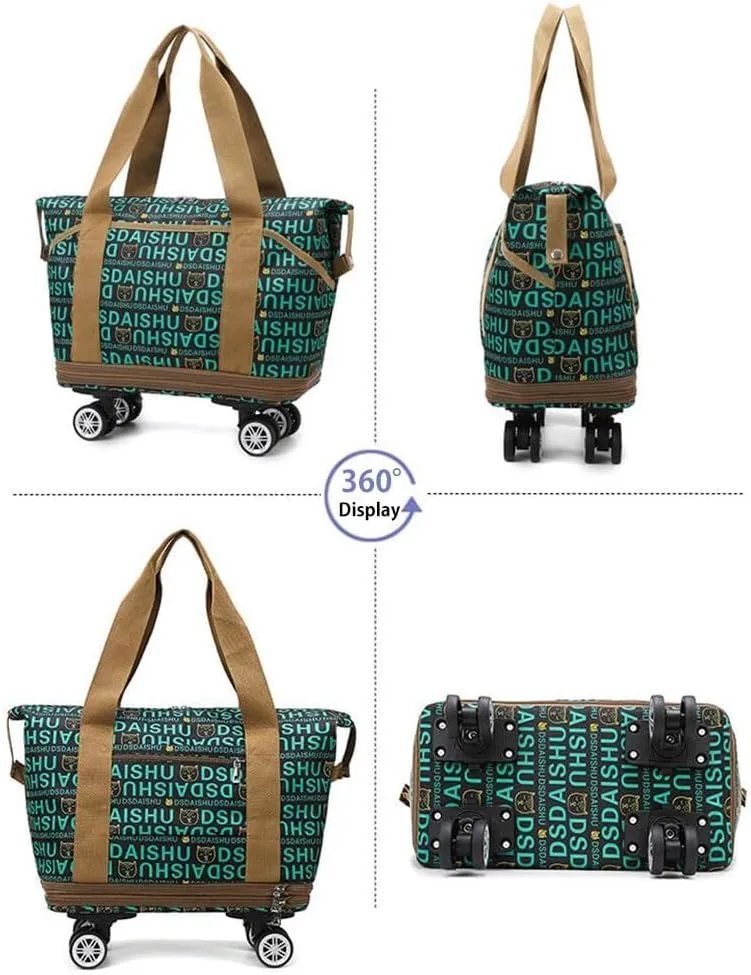 Rolling Duffle Bag with Wheels Foldable Luggage Bag Expandable Carry on Bag with Detachable Casters Dry Wet Separation Duffle Bag for Women & Men (Green)