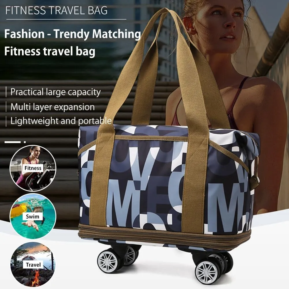 Rolling Duffle Bag with Wheels Foldable Luggage Bag Expandable Carry on Bag with Detachable Casters Dry Wet Separation Duffle Bag for Women & Men (Green)