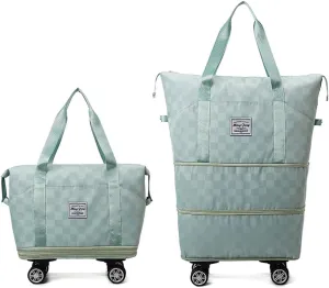 Rolling Duffle Bag with Wheels Foldable Luggage Bag Expandable Carry on Bag with Detachable Casters Dry Wet Separation Duffle Bag for Women & Men (Green)