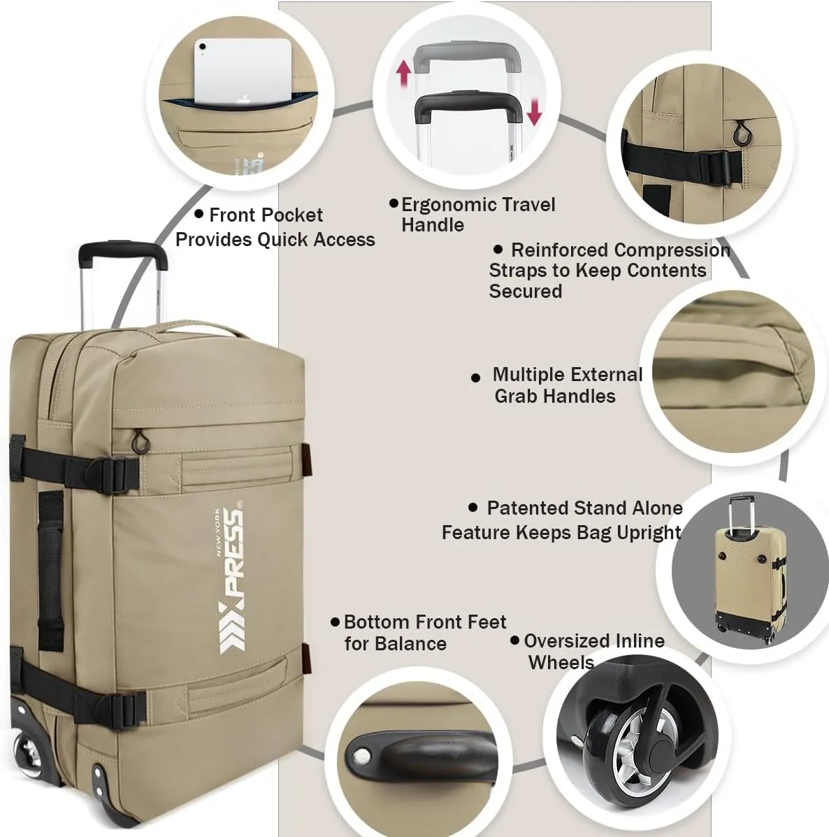 Rolling Duffle Bag with Wheels,3 In 1 Waterproof Travel Duffel Luggage with Rollers,Beige