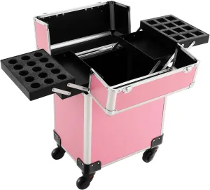 Rolling Makeup Train Case Hairdressing Travel Case Aluminum Barber Suitcase Large Storage Cosmetic Trolley with Keys and Wheels Professional Salon Barber Suitcase (Pink)