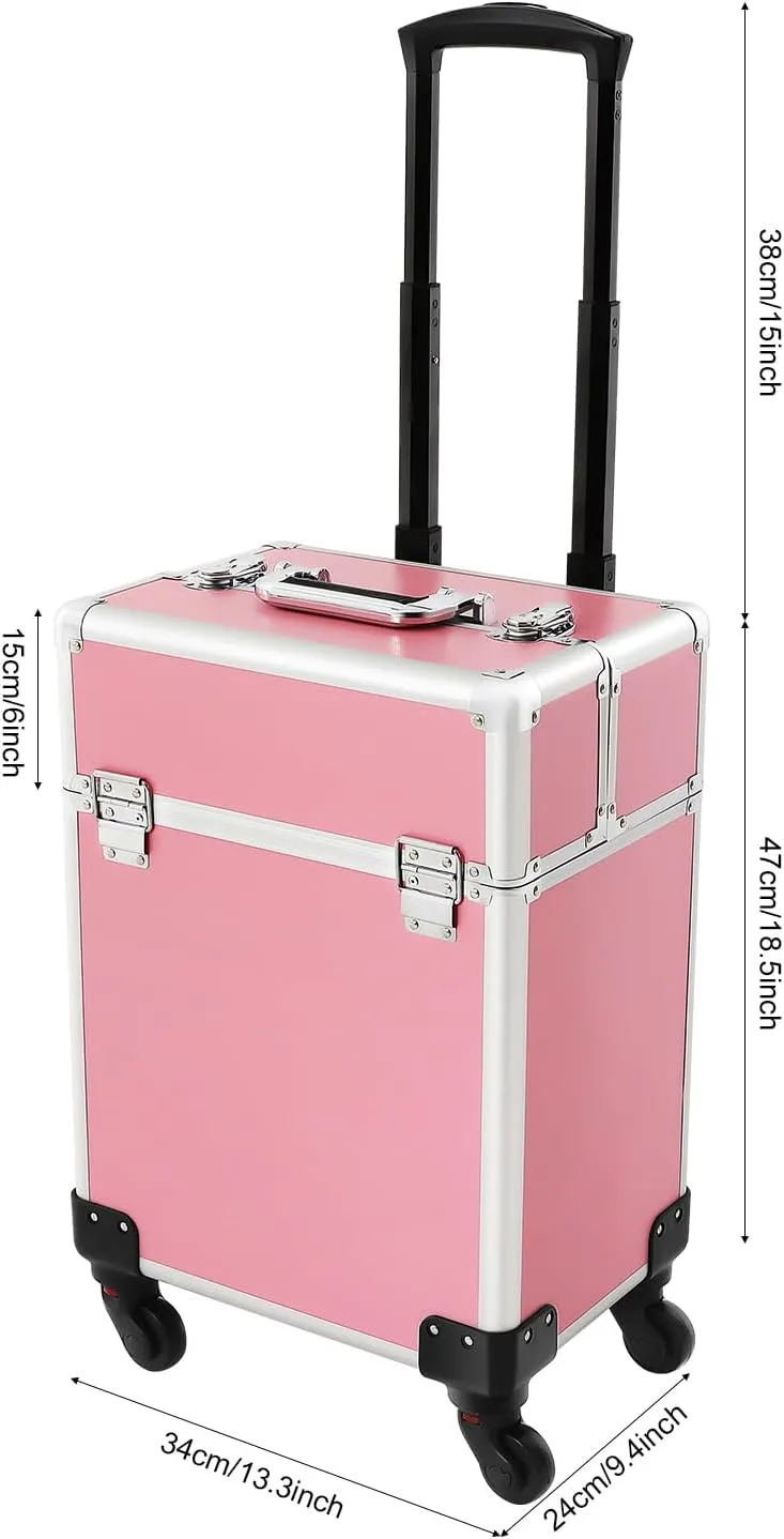 Rolling Makeup Train Case Hairdressing Travel Case Aluminum Barber Suitcase Large Storage Cosmetic Trolley with Keys and Wheels Professional Salon Barber Suitcase (Pink)