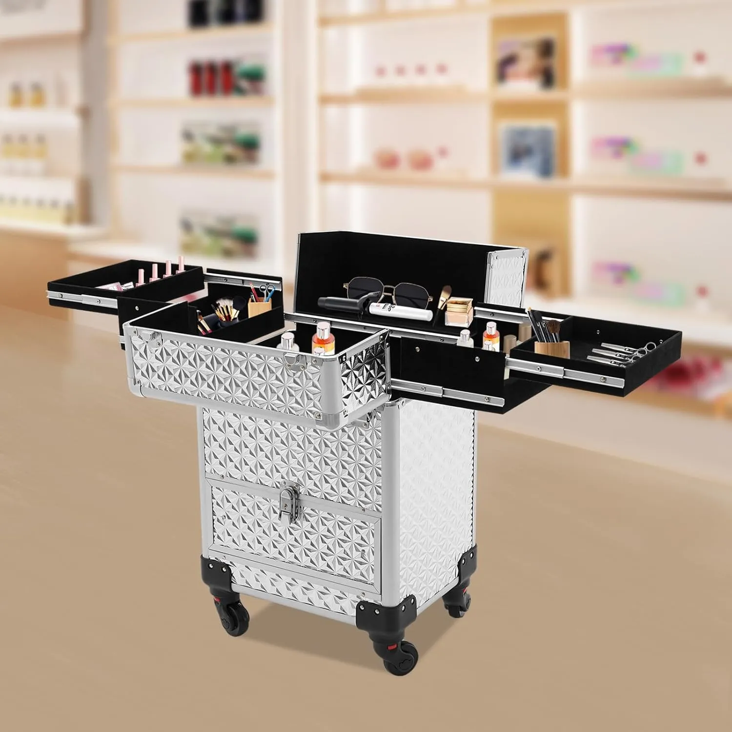 Rolling Makeup Train Case with Drawer, Professional Large Storage Cosmetic Trolley, Portable Makeup Trolley Case with Lock and Key for Hair Stylists, Pet Groomers, Artists (Sliver)