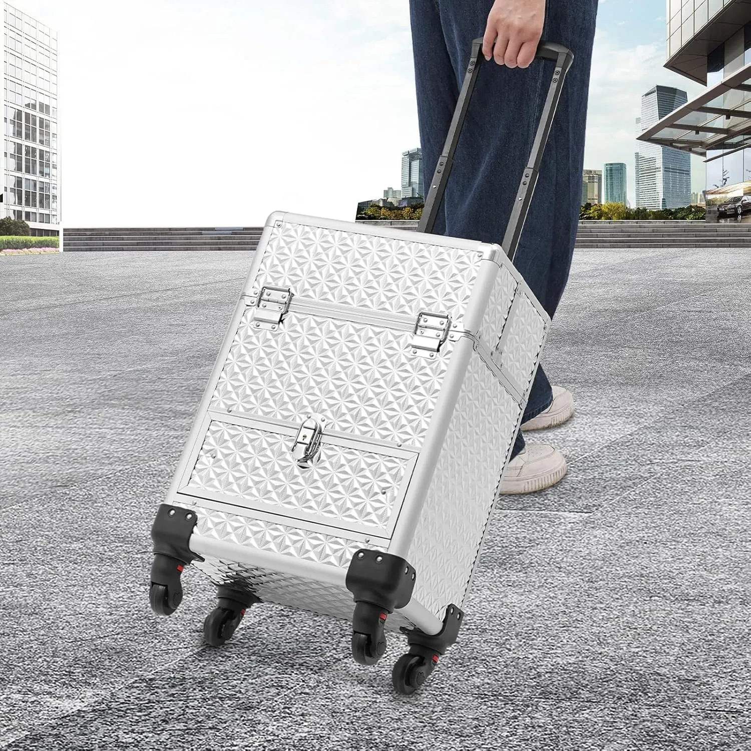 Rolling Makeup Train Case with Drawer, Professional Large Storage Cosmetic Trolley, Portable Makeup Trolley Case with Lock and Key for Hair Stylists, Pet Groomers, Artists (Sliver)
