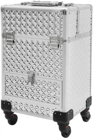 Rolling Makeup Train Case with Drawer, Professional Large Storage Cosmetic Trolley, Portable Makeup Trolley Case with Lock and Key for Hair Stylists, Pet Groomers, Artists (Sliver)