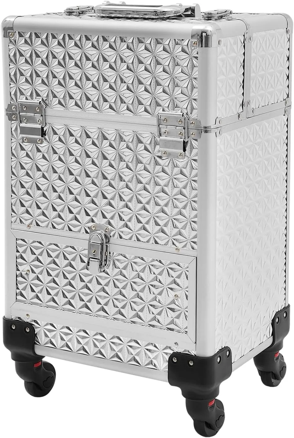 Rolling Makeup Train Case with Drawer, Professional Large Storage Cosmetic Trolley, Portable Makeup Trolley Case with Lock and Key for Hair Stylists, Pet Groomers, Artists (Sliver)