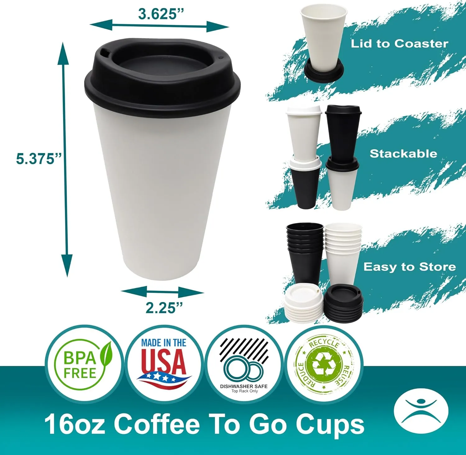 Rolling Sands USA Made 16 oz Reusable Coffee Cups with Lids 6 Pk, To Go Travel Cups, Hot or Cold Drinks, Dishwasher and Microwave Safe, White Cups, Black Lids