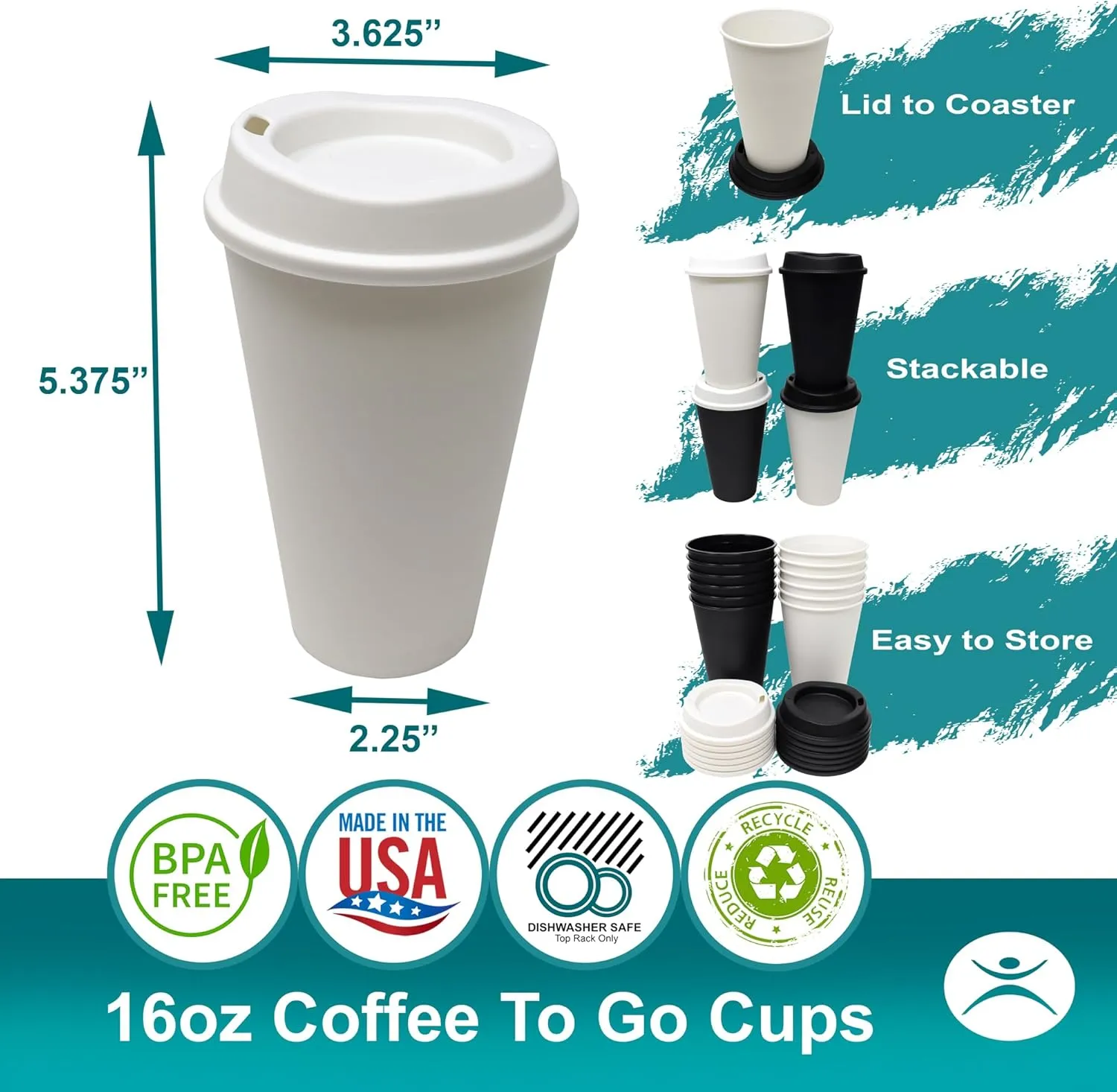 Rolling Sands USA Made 16 oz Reusable Coffee Cups with Lids 6 Pk, To Go Travel Cups, Hot or Cold Drinks, Dishwasher and Microwave Safe, White