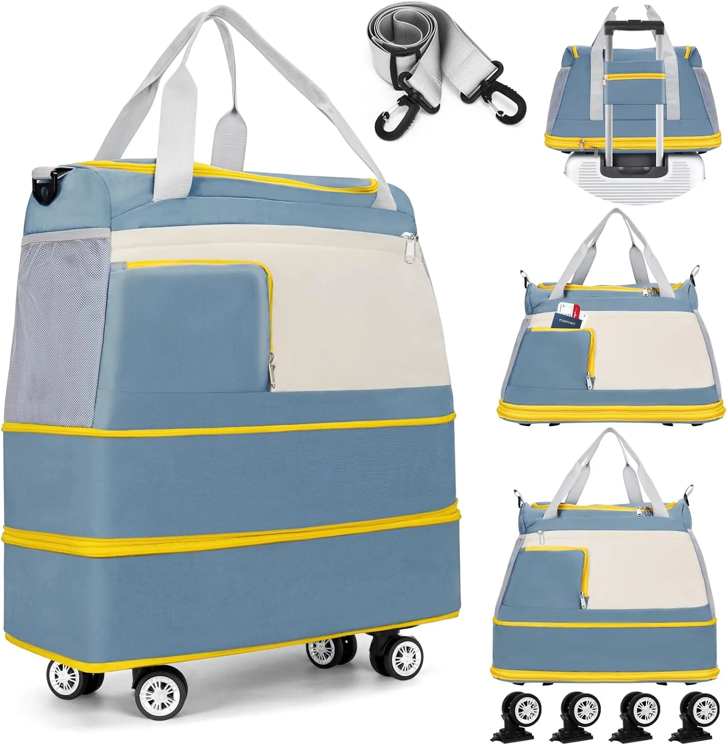 Rolling Tote Bag with Wheels, 3 Layer Expandable Foldable Duffle Bag with Detachable Wheels Shoulder Strap for Travel, Suit Gym, Camping(Blue)