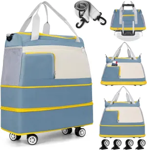 Rolling Tote Bag with Wheels, 3 Layer Expandable Foldable Duffle Bag with Detachable Wheels Shoulder Strap for Travel, Suit Gym, Camping(Blue)