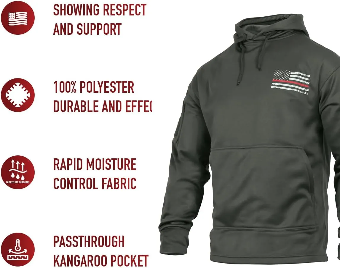 Rothco Conceal-Ops Thin Red Line Hoodie: Support Firefighters with Distressed Flag Graphic. Warm, and Rugged Utility