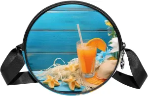 Round Cross Body Bag, Womens Purses, Long Strap Crossbody Bag for Traveling, orange juice and hat