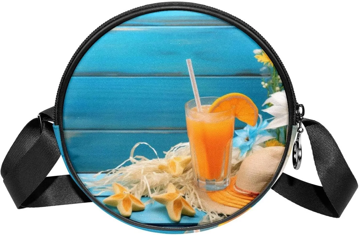 Round Cross Body Bag, Womens Purses, Long Strap Crossbody Bag for Traveling, orange juice and hat