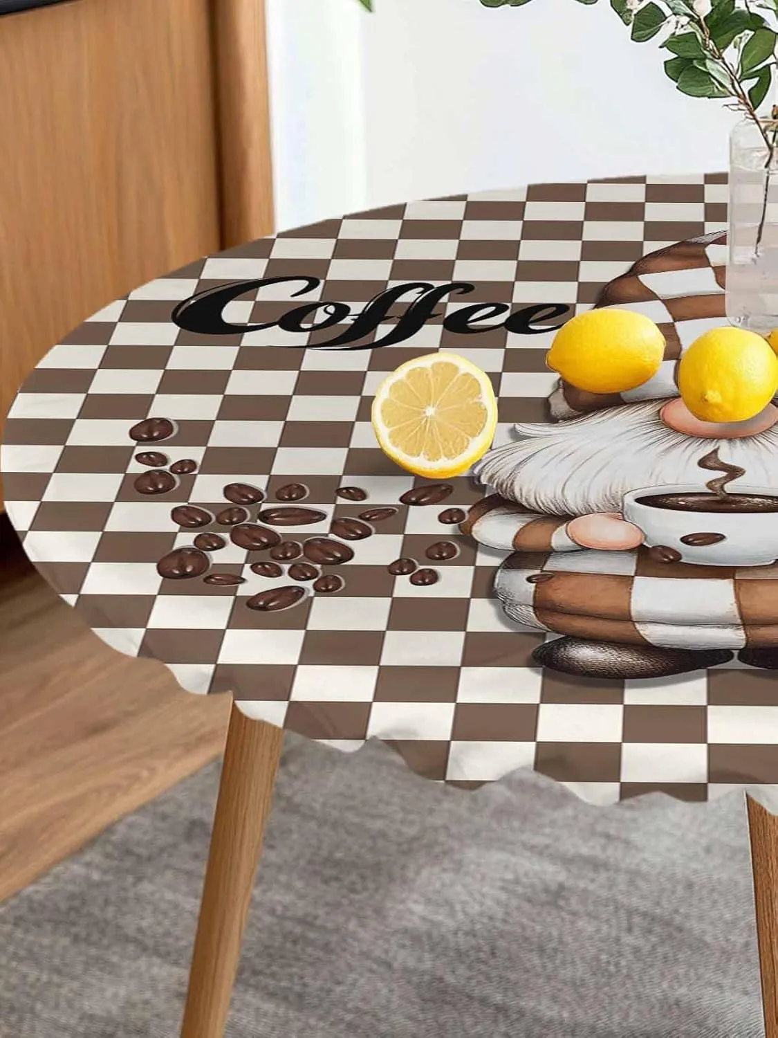 Round Fitted Tablecloth Coffee Khaki Plaid Dwarf Waterproof Table Cover for Indoor Outdoor Holiday Party Brown Gnome Checkered Pattern Elastic Edged Tablecloths Fit Up 45"-54" Tables