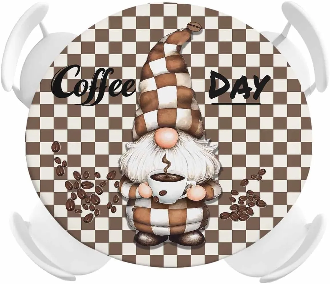 Round Fitted Tablecloth Coffee Khaki Plaid Dwarf Waterproof Table Cover for Indoor Outdoor Holiday Party Brown Gnome Checkered Pattern Elastic Edged Tablecloths Fit Up 45"-54" Tables