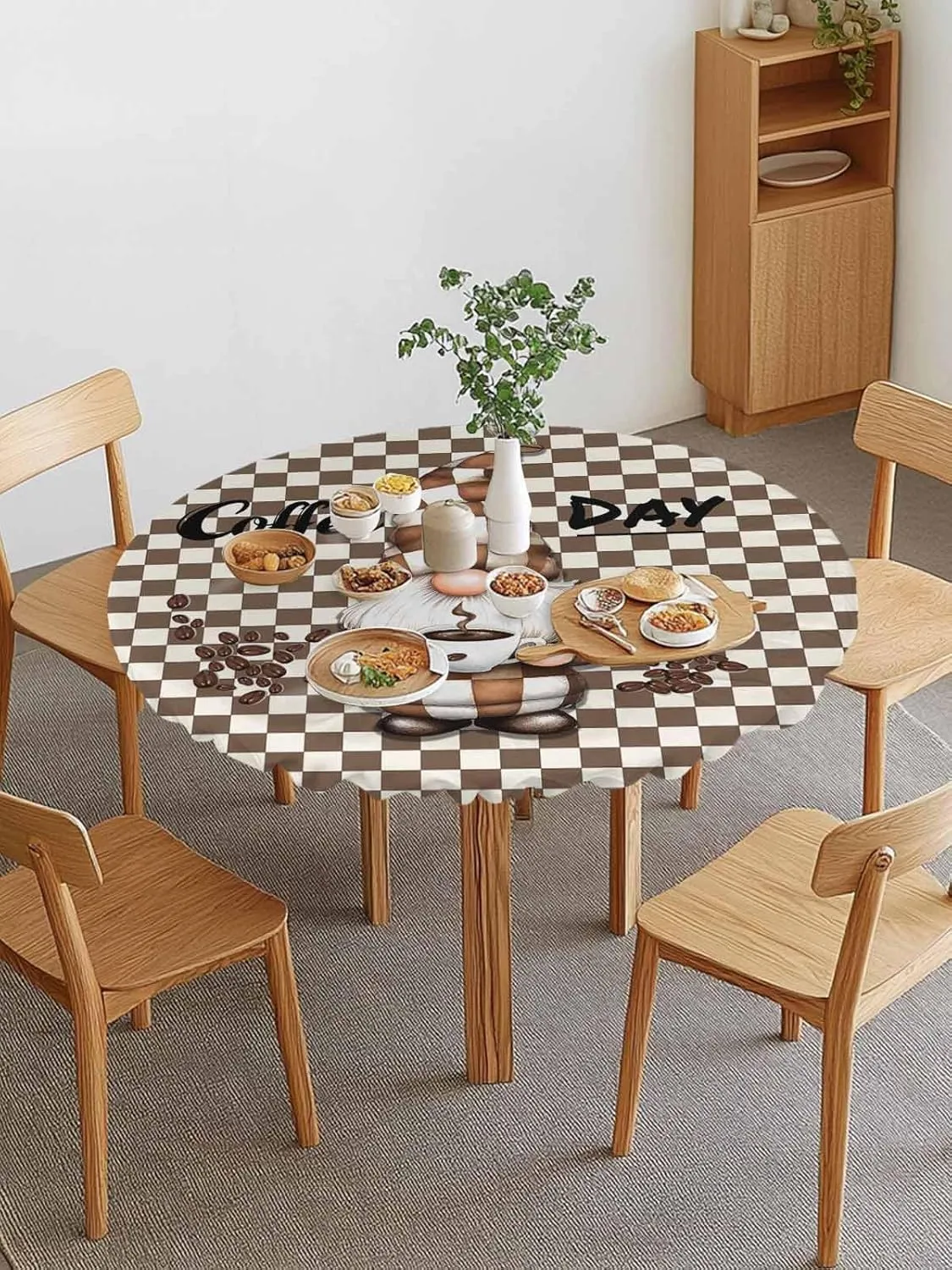 Round Fitted Tablecloth Coffee Khaki Plaid Dwarf Waterproof Table Cover for Indoor Outdoor Holiday Party Brown Gnome Checkered Pattern Elastic Edged Tablecloths Fit Up 45"-54" Tables