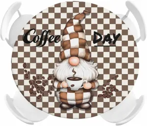 Round Fitted Tablecloth Coffee Khaki Plaid Dwarf Waterproof Table Cover for Indoor Outdoor Holiday Party Brown Gnome Checkered Pattern Elastic Edged Tablecloths Fit Up 45"-54" Tables