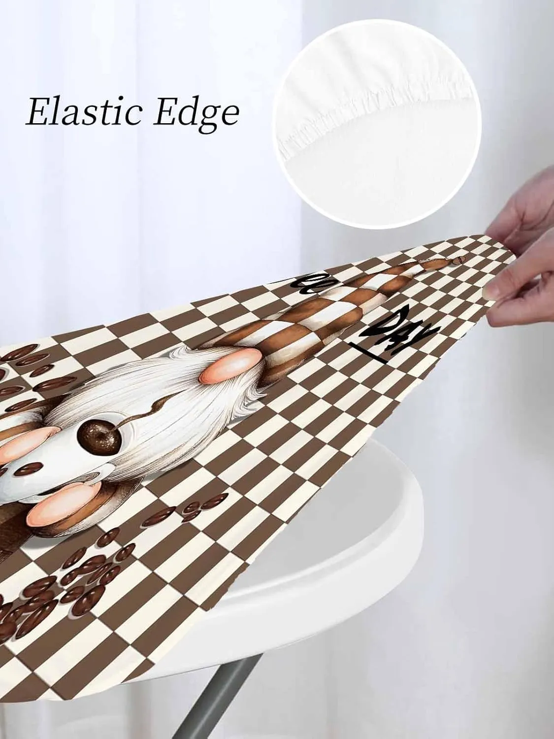 Round Fitted Tablecloth Coffee Khaki Plaid Dwarf Waterproof Table Cover for Indoor Outdoor Holiday Party Brown Gnome Checkered Pattern Elastic Edged Tablecloths Fit Up 45"-54" Tables