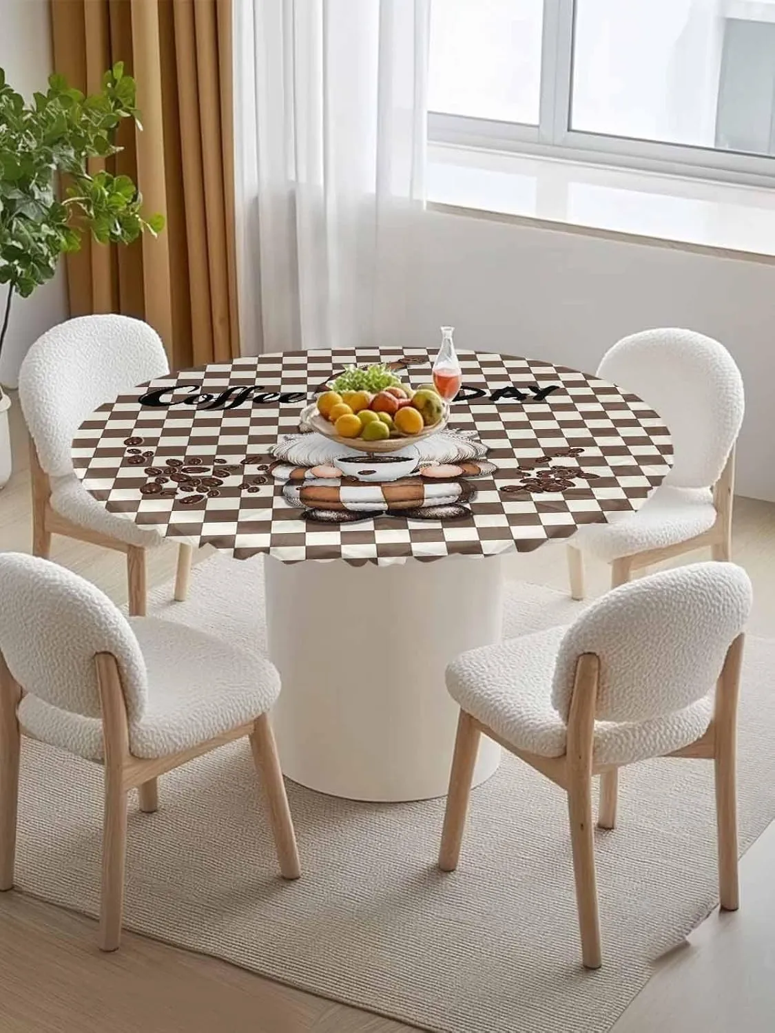 Round Fitted Tablecloth Coffee Khaki Plaid Dwarf Waterproof Table Cover for Indoor Outdoor Holiday Party Brown Gnome Checkered Pattern Elastic Edged Tablecloths Fit Up 45"-54" Tables