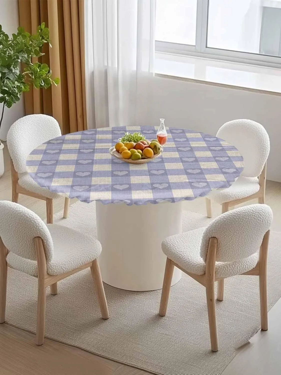 Round Fitted Tablecloth Retro Purple Plaid on Burlap Waterproof Table Cover for Indoor Outdoor Holiday Party Classic Checkered Sweet Heart Elastic Edged Tablecloths Fit Up 45"-54" Tables