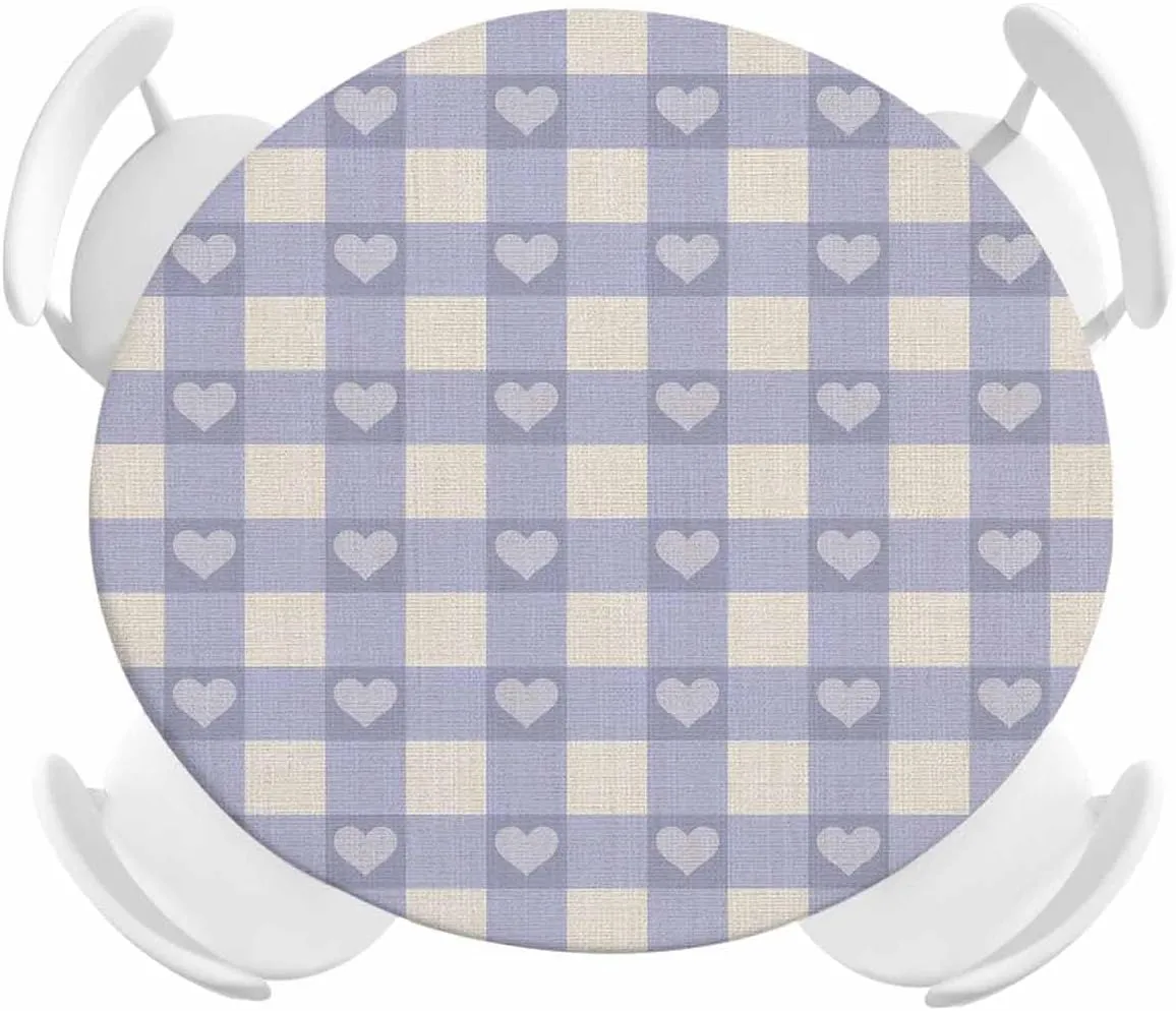 Round Fitted Tablecloth Retro Purple Plaid on Burlap Waterproof Table Cover for Indoor Outdoor Holiday Party Classic Checkered Sweet Heart Elastic Edged Tablecloths Fit Up 45"-54" Tables