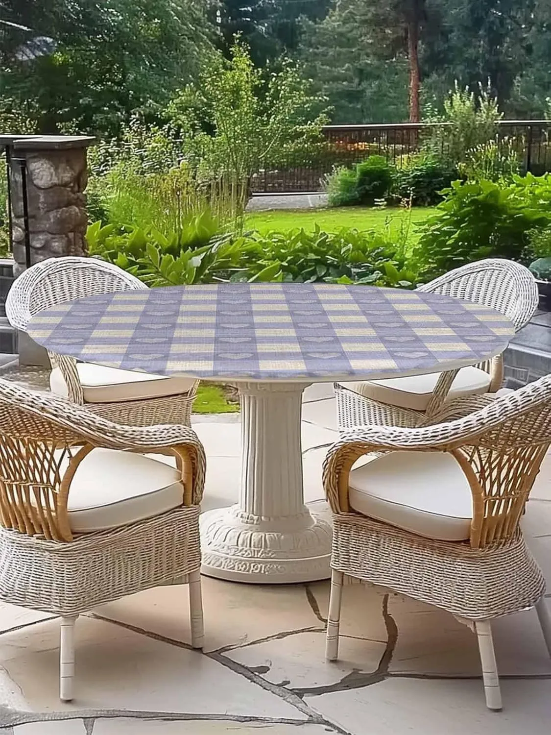 Round Fitted Tablecloth Retro Purple Plaid on Burlap Waterproof Table Cover for Indoor Outdoor Holiday Party Classic Checkered Sweet Heart Elastic Edged Tablecloths Fit Up 45"-54" Tables