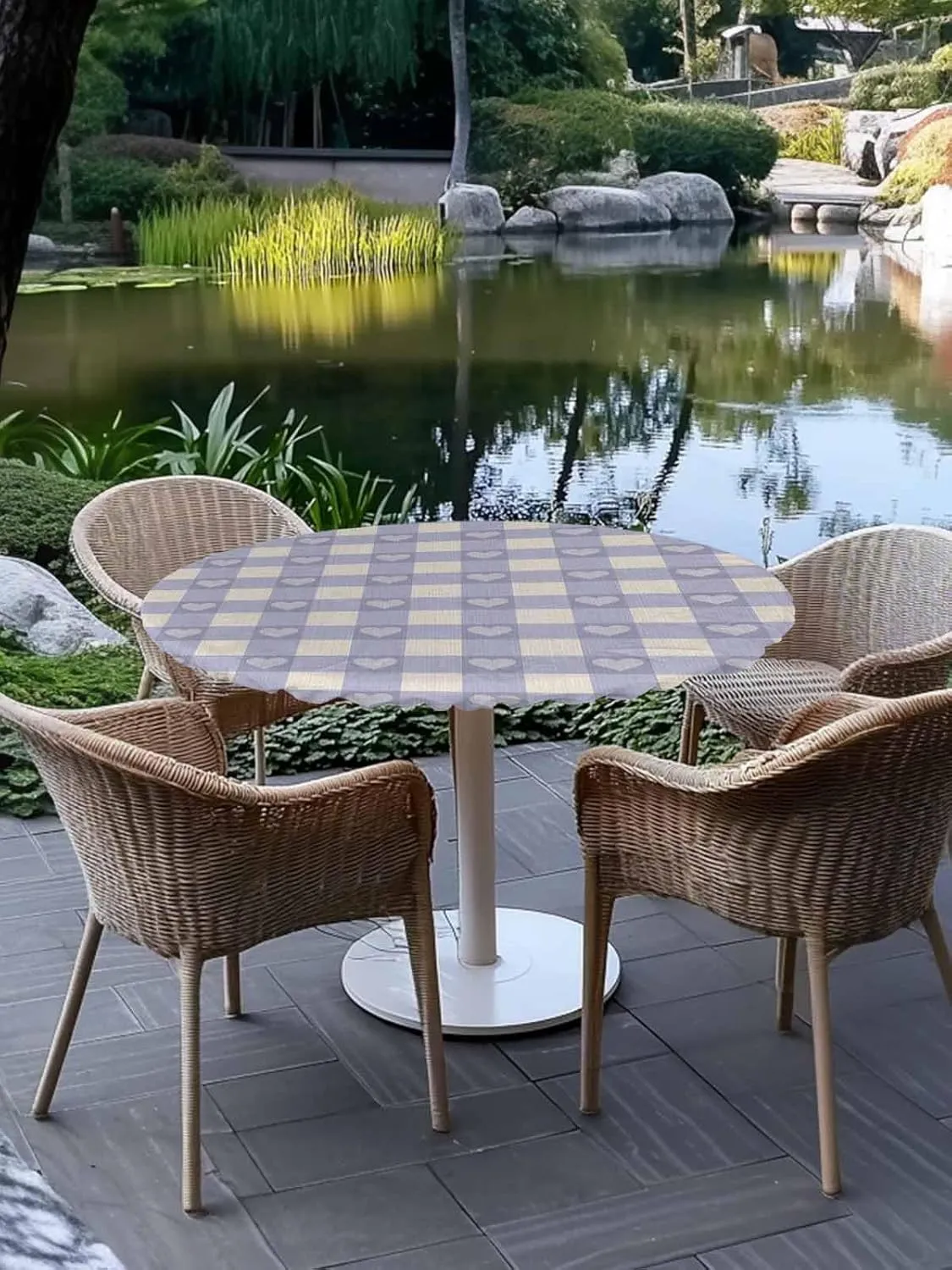 Round Fitted Tablecloth Retro Purple Plaid on Burlap Waterproof Table Cover for Indoor Outdoor Holiday Party Classic Checkered Sweet Heart Elastic Edged Tablecloths Fit Up 45"-54" Tables