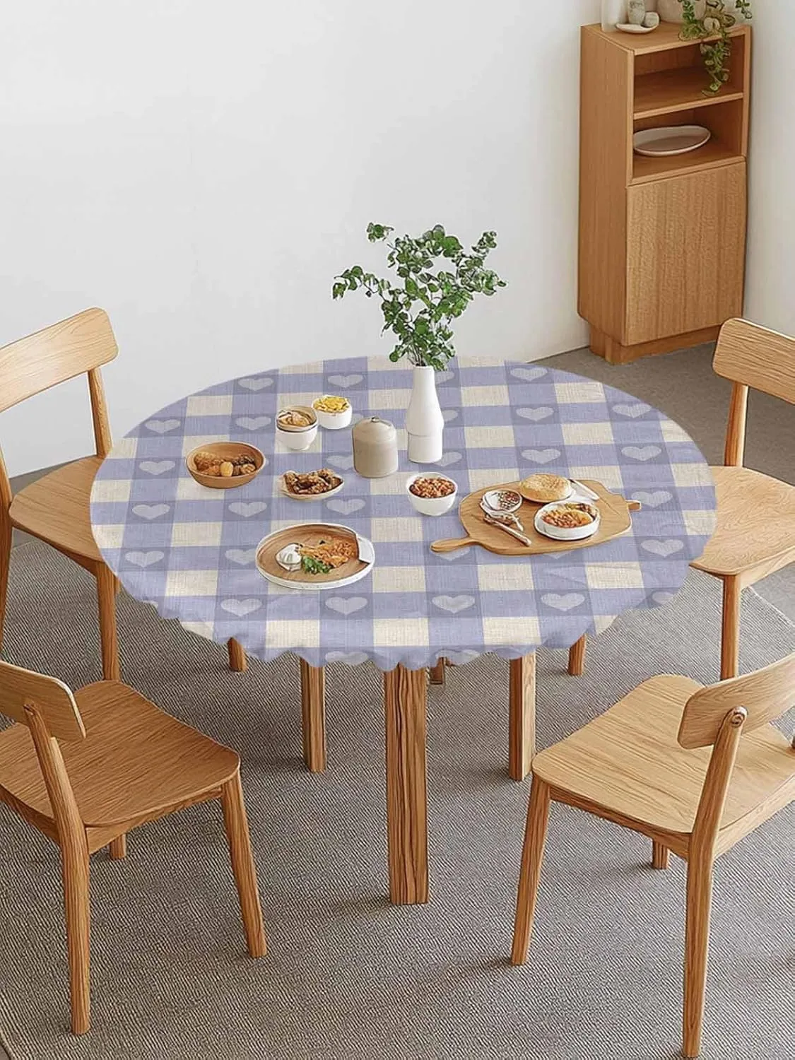 Round Fitted Tablecloth Retro Purple Plaid on Burlap Waterproof Table Cover for Indoor Outdoor Holiday Party Classic Checkered Sweet Heart Elastic Edged Tablecloths Fit Up 45"-54" Tables