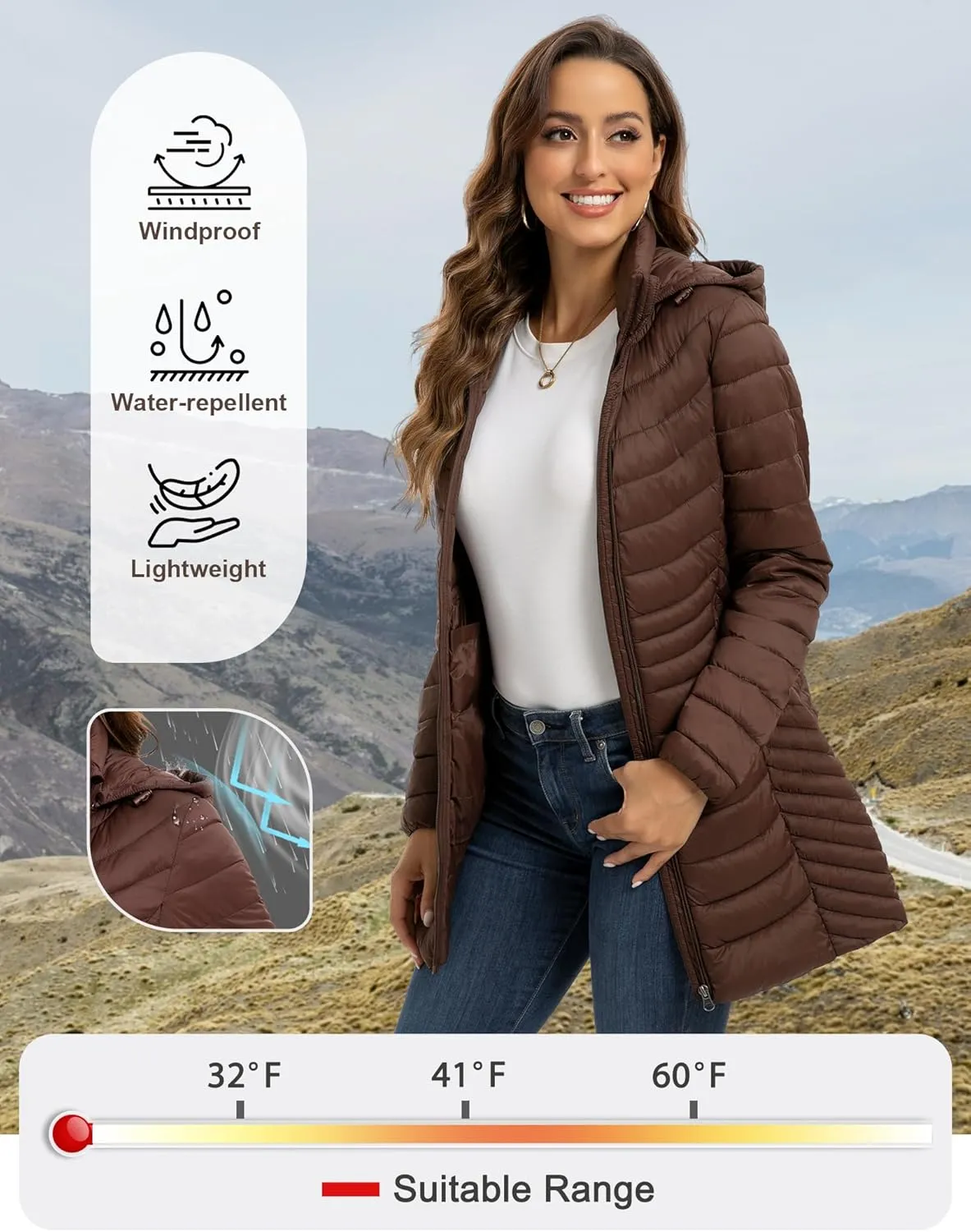 ROYAL MATRIX Packable Puffer Jacket for Women Hooded Lightweight Quilted Travel Long Puffer Coat with Pockets