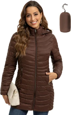 ROYAL MATRIX Packable Puffer Jacket for Women Hooded Lightweight Quilted Travel Long Puffer Coat with Pockets
