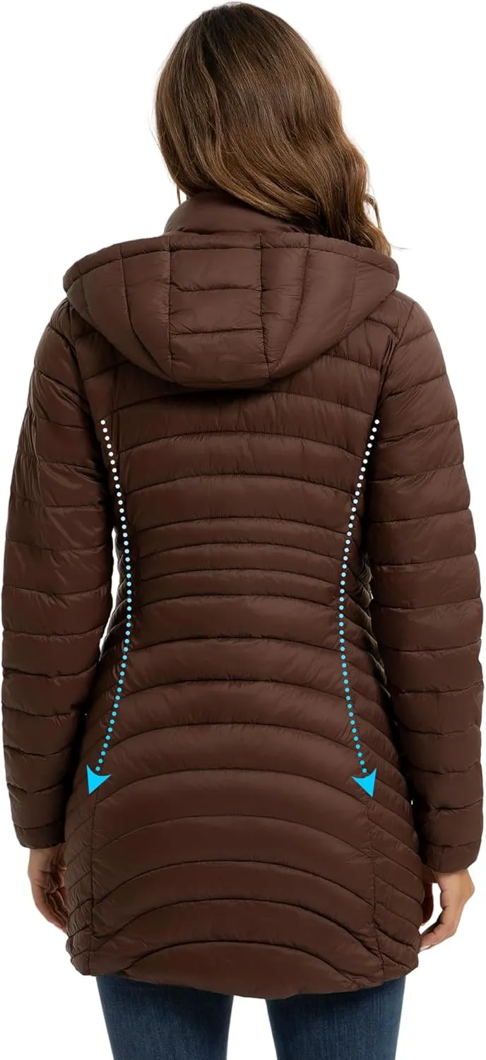 ROYAL MATRIX Packable Puffer Jacket for Women Hooded Lightweight Quilted Travel Long Puffer Coat with Pockets