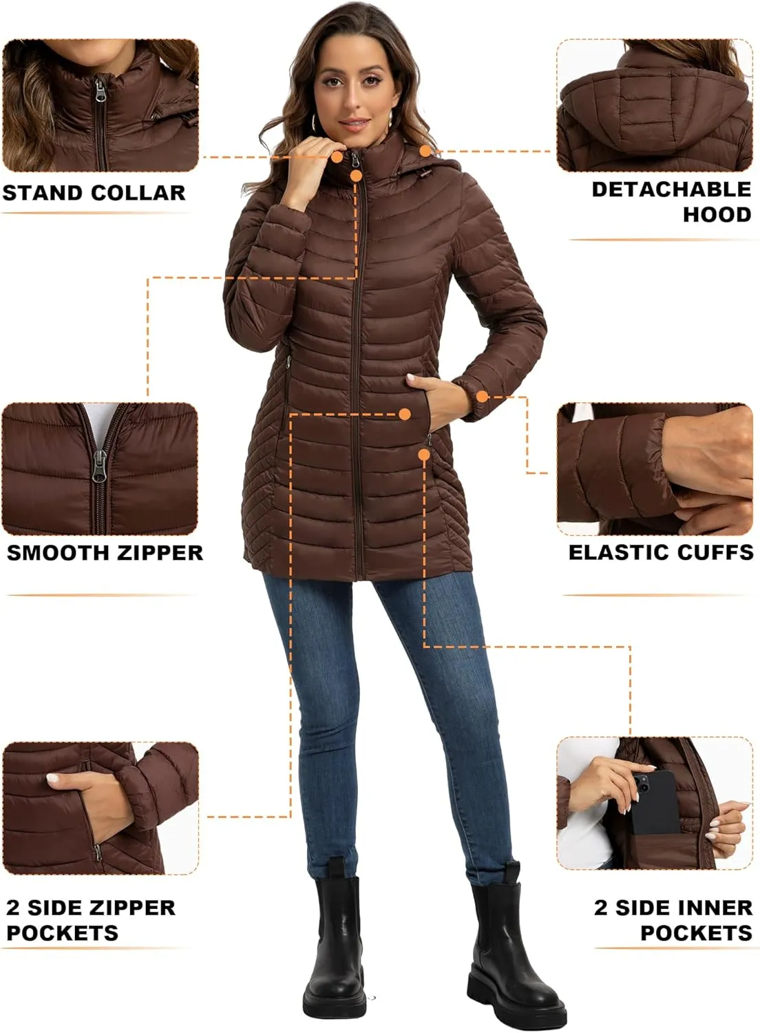 ROYAL MATRIX Packable Puffer Jacket for Women Hooded Lightweight Quilted Travel Long Puffer Coat with Pockets