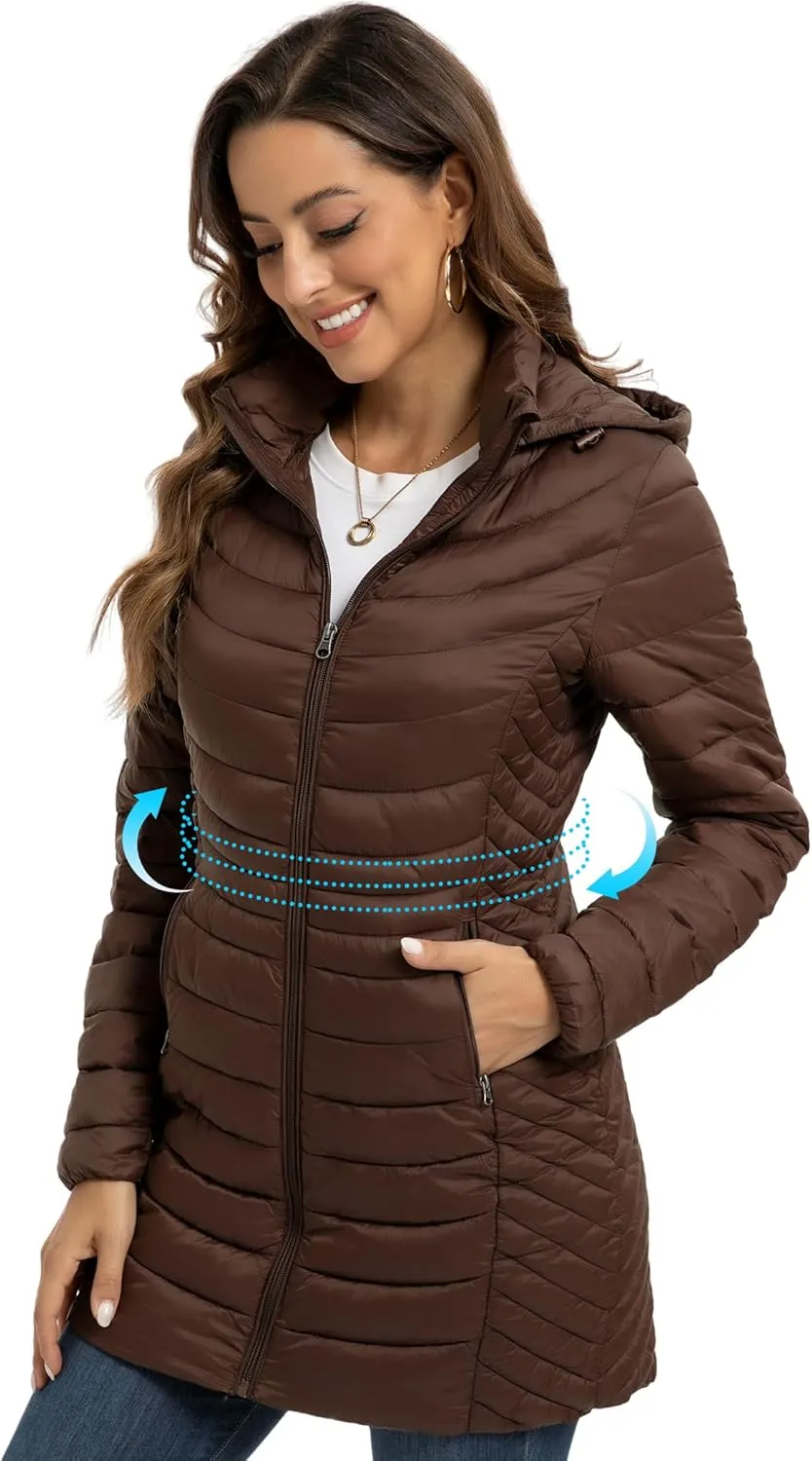 ROYAL MATRIX Packable Puffer Jacket for Women Hooded Lightweight Quilted Travel Long Puffer Coat with Pockets