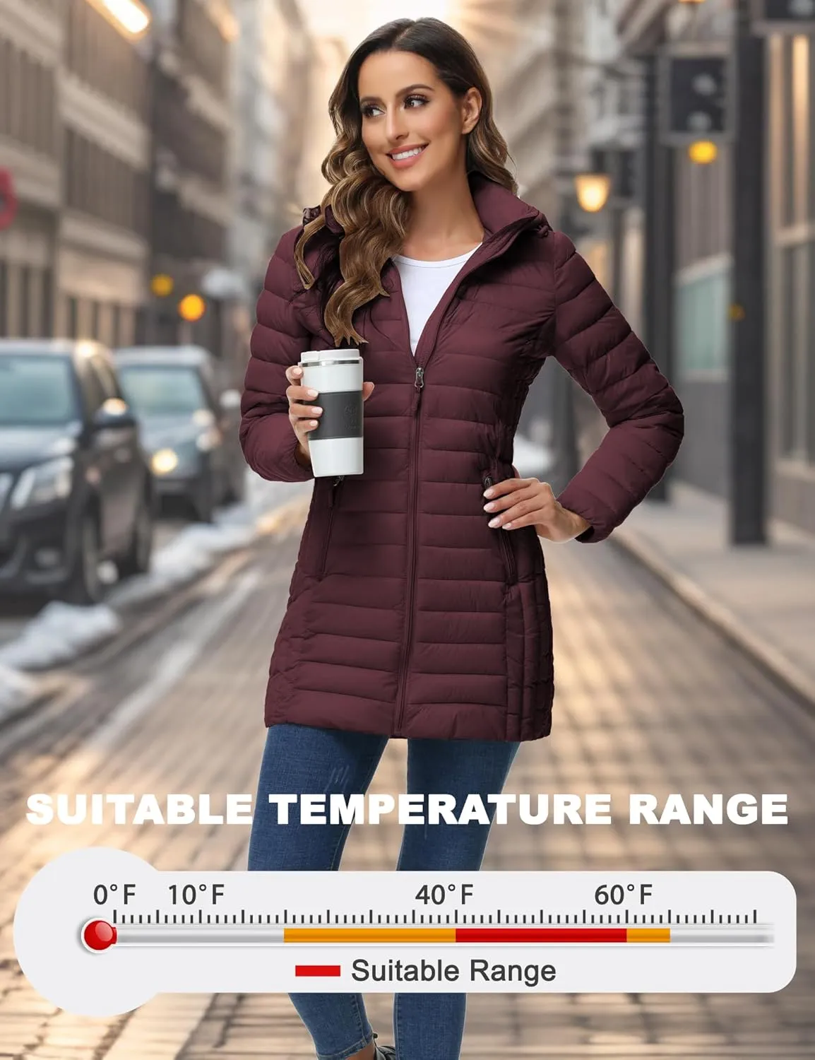 ROYAL MATRIX Women's Packable Puffer Jacket with Hood, Lightweight Quilted Travel Long Puffer Coat with Pockets