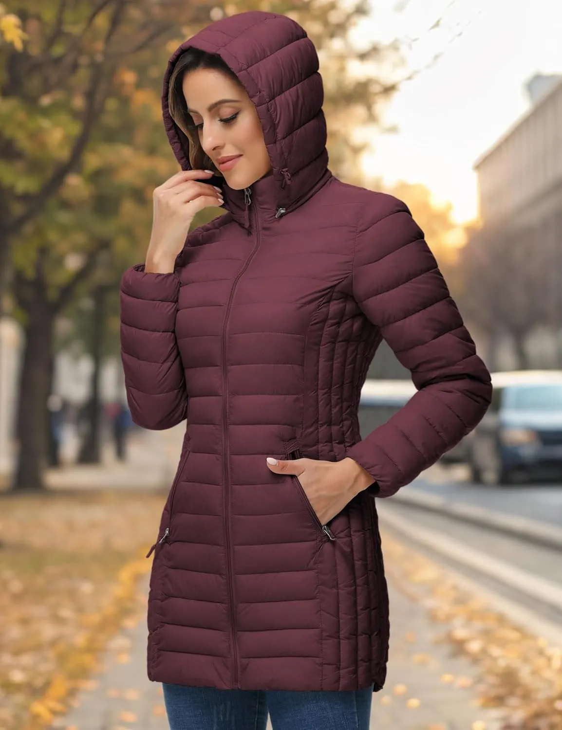 ROYAL MATRIX Women's Packable Puffer Jacket with Hood, Lightweight Quilted Travel Long Puffer Coat with Pockets