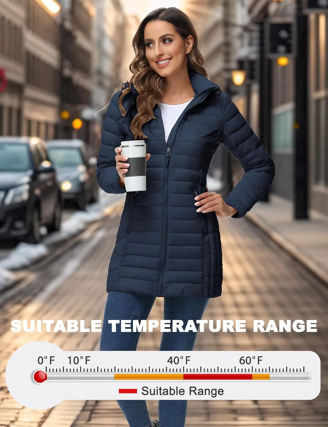 ROYAL MATRIX Women's Packable Puffer Jacket with Hood, Lightweight Quilted Travel Long Puffer Coat with Pockets