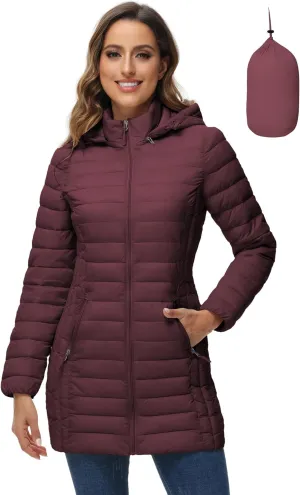 ROYAL MATRIX Women's Packable Puffer Jacket with Hood, Lightweight Quilted Travel Long Puffer Coat with Pockets