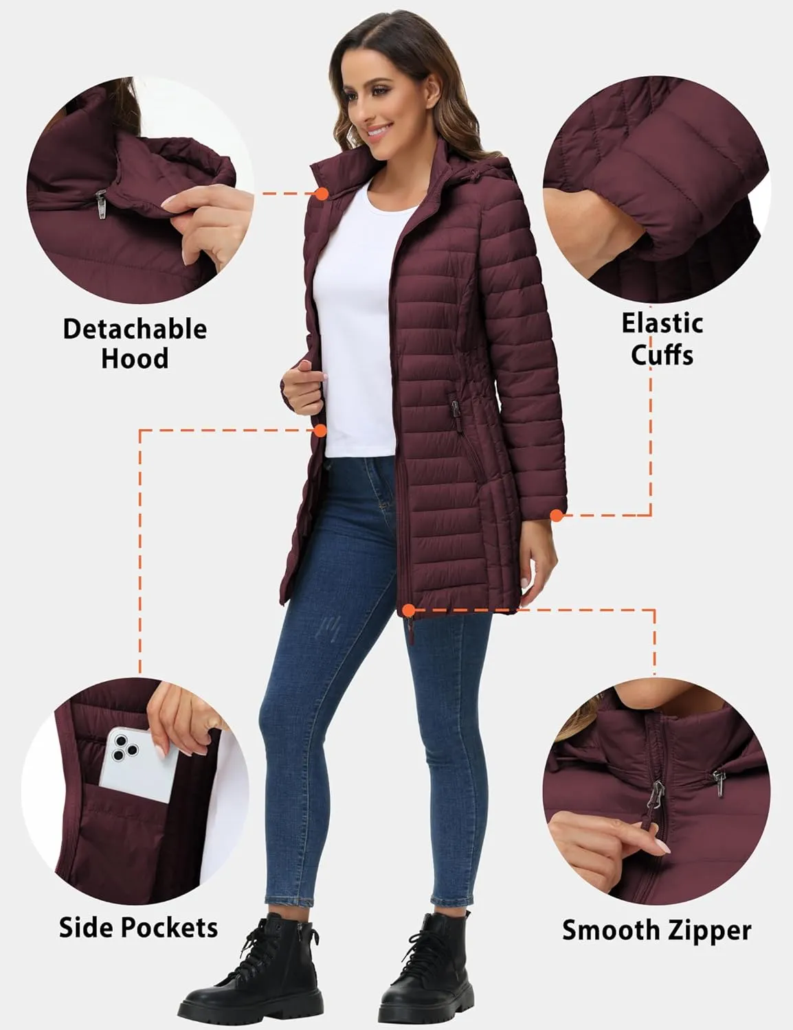 ROYAL MATRIX Women's Packable Puffer Jacket with Hood, Lightweight Quilted Travel Long Puffer Coat with Pockets