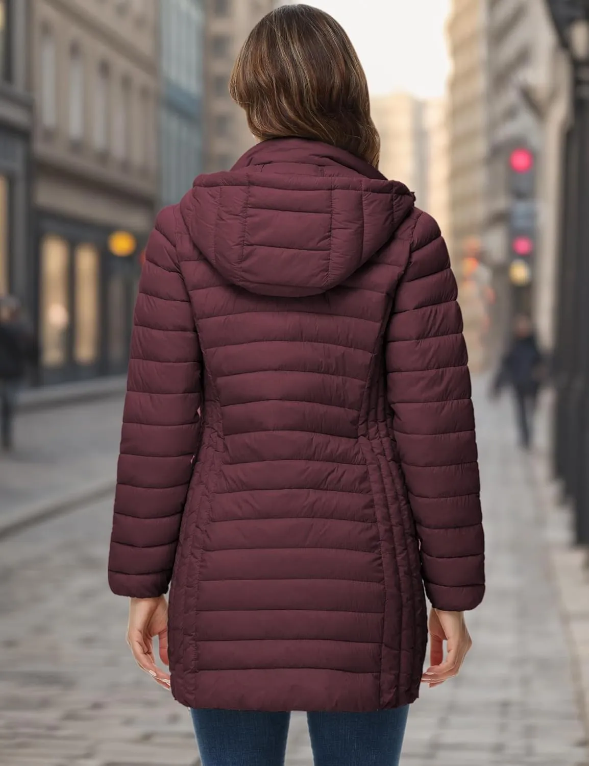 ROYAL MATRIX Women's Packable Puffer Jacket with Hood, Lightweight Quilted Travel Long Puffer Coat with Pockets
