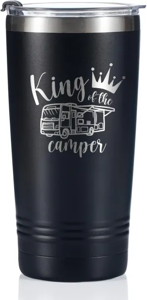 RV Camper Gifts Tumbler Coffee Mug - Gifts for Enthusiasts, Owners, Outdoors, Picnic, Camping - Stainless Steel Insulated 590ml/20oz - King of the Camper