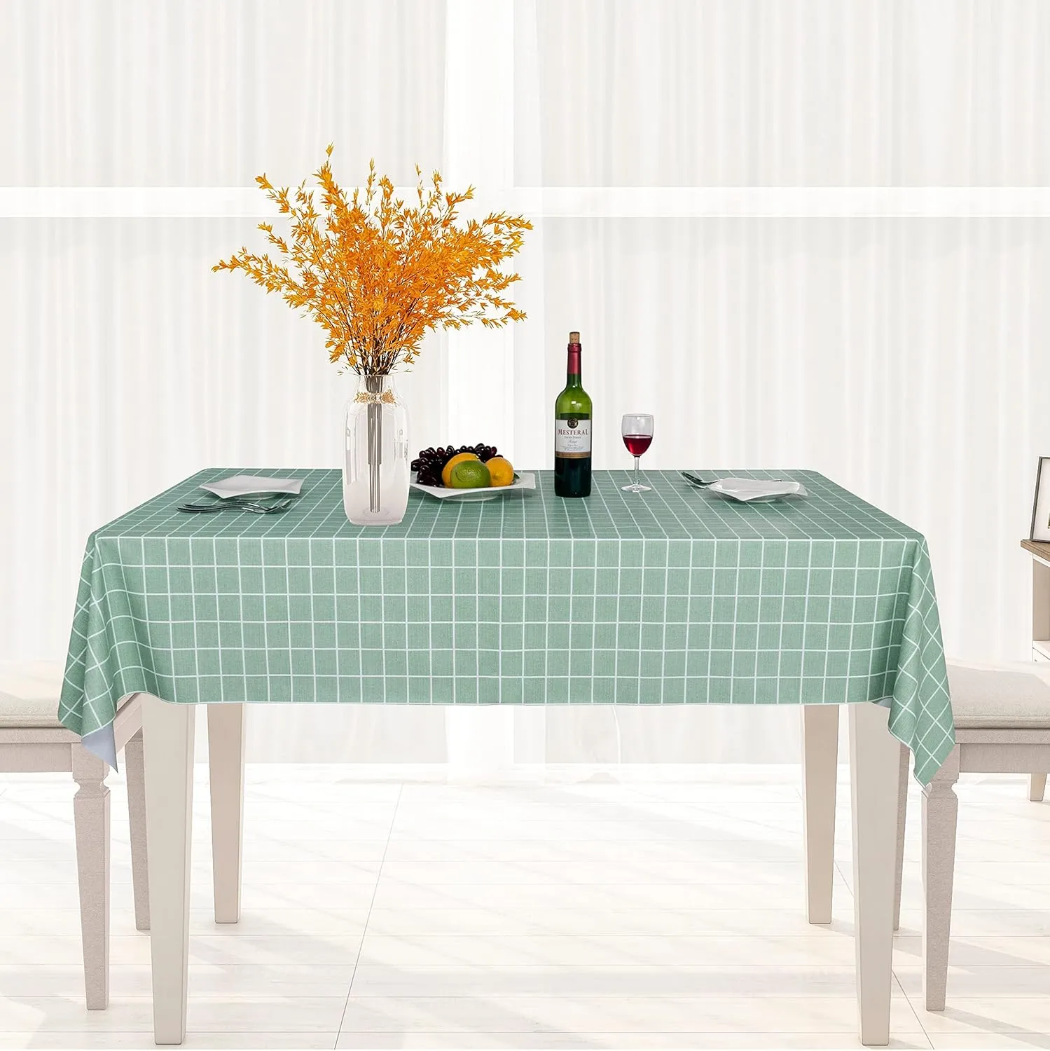 sancua Checkered Vinyl Rectangle Tablecloth - 52 x 70 Inch - 100% Waterproof Oil Proof Spill Proof PVC Table Cloth, Wipe Clean Table Cover for Dining Tables, Buffet Parties, Green Checkered