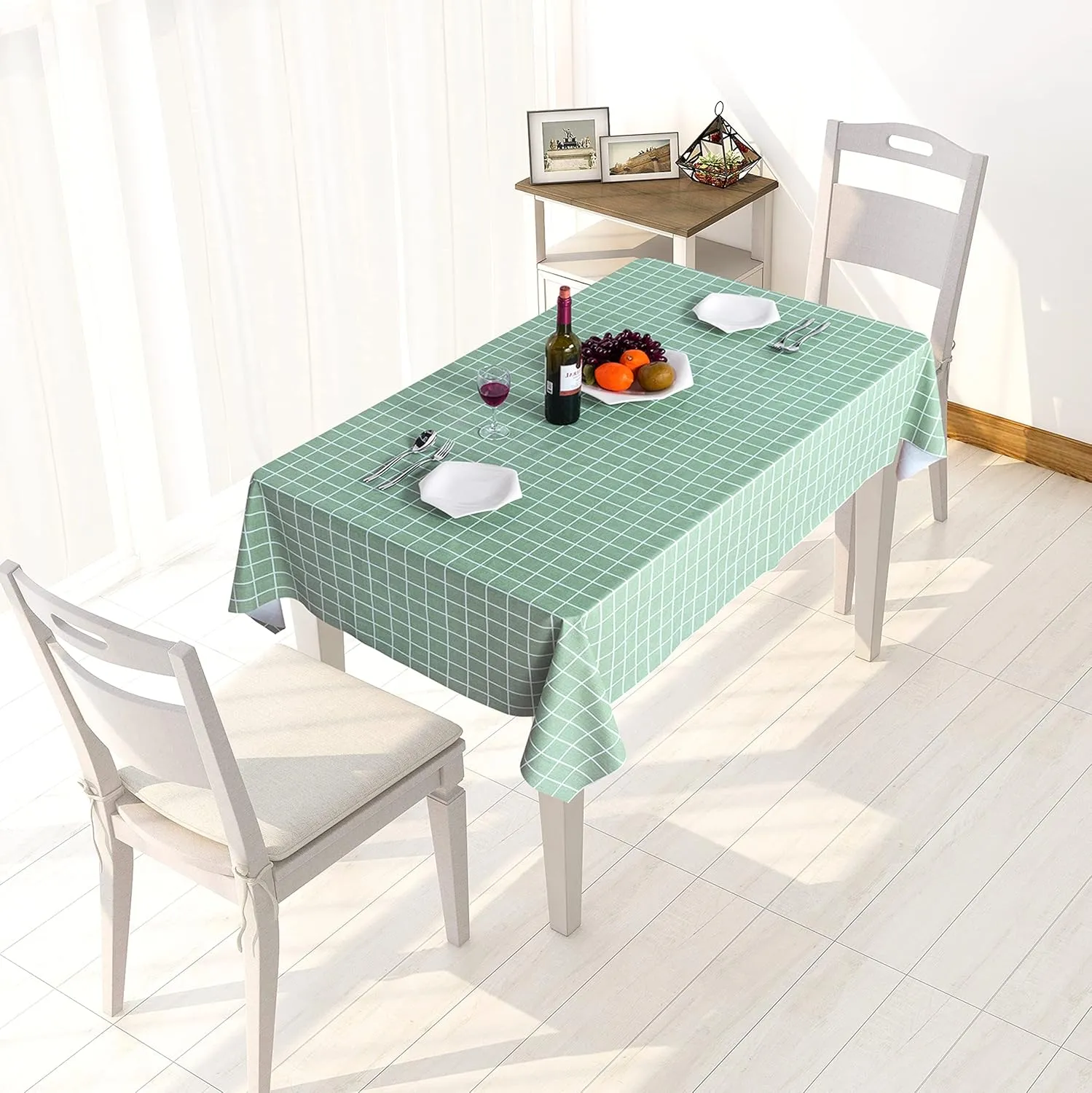 sancua Checkered Vinyl Rectangle Tablecloth - 52 x 70 Inch - 100% Waterproof Oil Proof Spill Proof PVC Table Cloth, Wipe Clean Table Cover for Dining Tables, Buffet Parties, Green Checkered