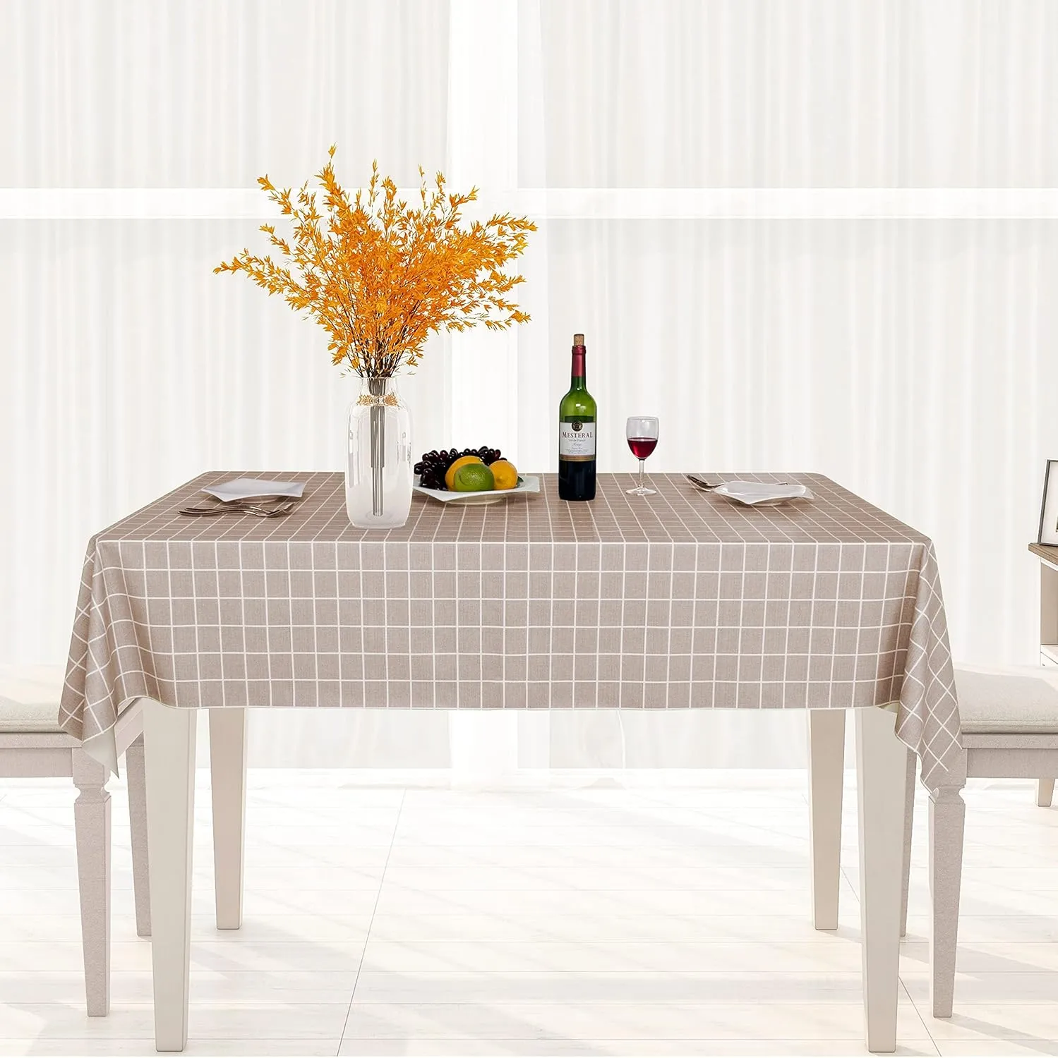 sancua Checkered Vinyl Rectangle Tablecloth - 52 x 70 Inch - 100% Waterproof Oil Proof Spill Proof PVC Table Cloth, Wipe Clean Table Cover for Dining Tables, Buffet Parties, Khaki Checkered